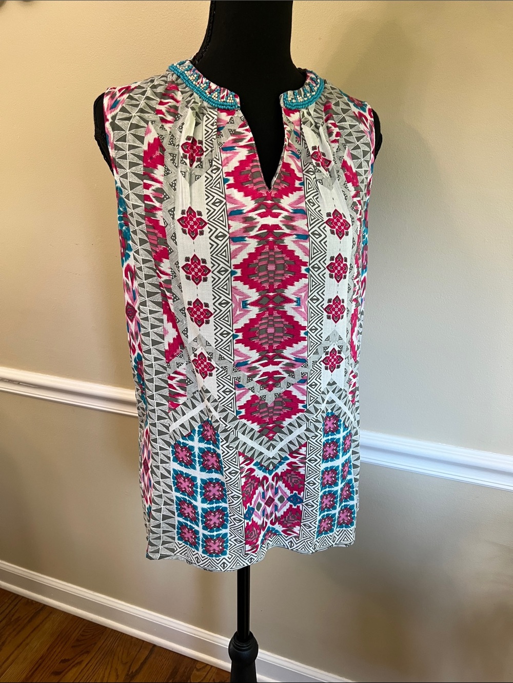 Tribal Sleeveless Beaded Neck Pink & Teal Patterned Women's Top